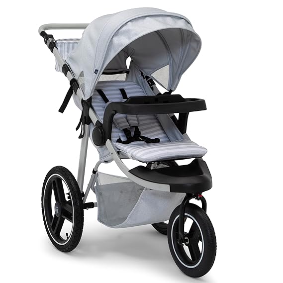 babyGap Trek Jogging Stroller - Lightweight Jogging Stoller with Extendable Canopy & Reclining Seat - Includes Car Seat Adapter - Made with Sustainable Materials, Grey Stripes