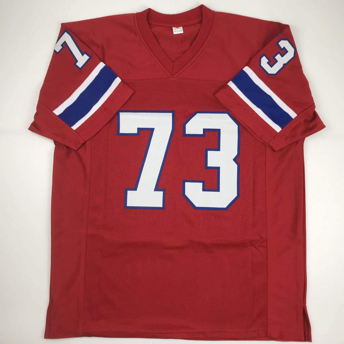 Autographed/Signed John Hannah HOF 91 New England Red Football Jersey JSA COA
