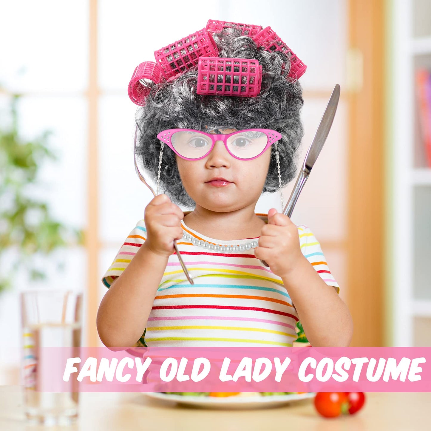 7 Pieces Old Lady Costume Set, Grandmother Wig with Hair Rollers, Halloween KIDS
