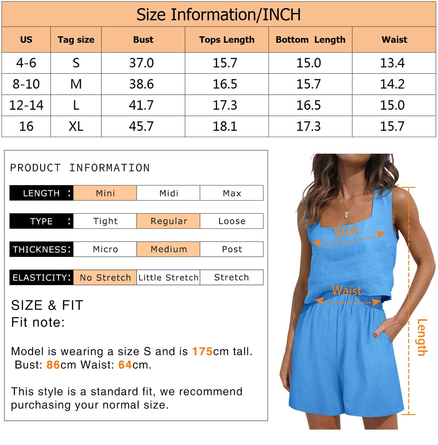 ROYLAMP Women's Summer 2 Piece Outfits Sleeveless Square Neck Crop Tops High Waisted Shorts Set Romper with Pockets Orange L