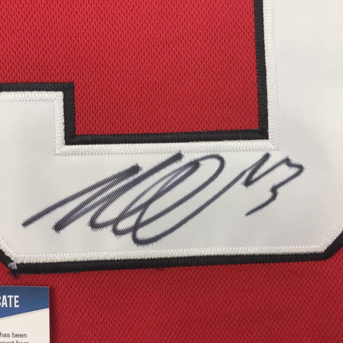 Framed Autographed/Signed Nico Hischier 35x39 New Jersey Red Hockey Jersey Beckett BAS COA
