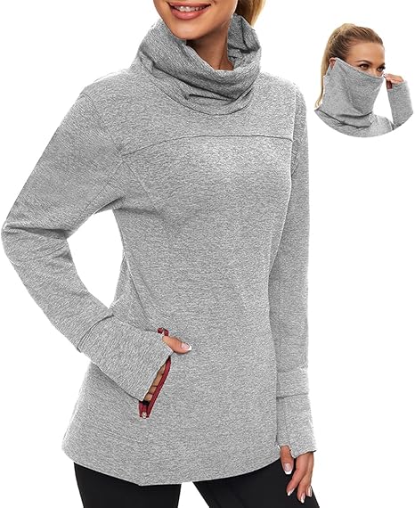 Soneven Women's Running Fleece Sweatshirts Cowl Neck Thermal Pullover Long Sleeve Shirt with Pocket and Neck Gaiter Face Mask