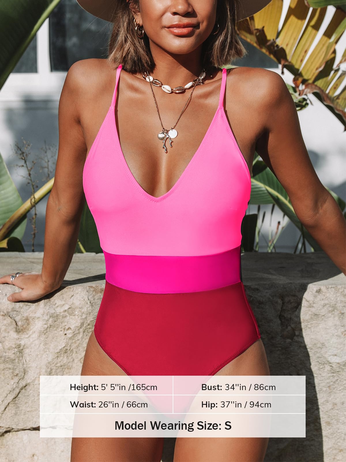 CUPSHE Women's One Piece Swimsuit Bathing Suit Color Block Deep V Neck Crisscross Back Swimwear M