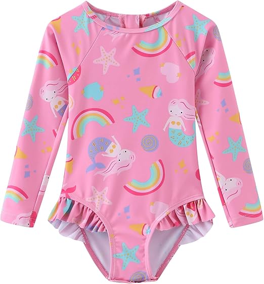 Baby Girls One Piece Swimsuits Long Sleeve Rash Guard Zipper Back Bathing Suit Sun Protection UPF 50+