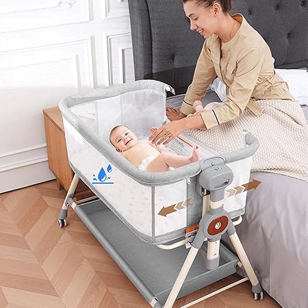 Baby Bassinet, Rocking Bassinet with Waterproof Sheets, 3 in 1 Baby Bassinets Bedside Sleeper, 6 Height Adjustable Bedside Bassinet for Newborn(Grey)