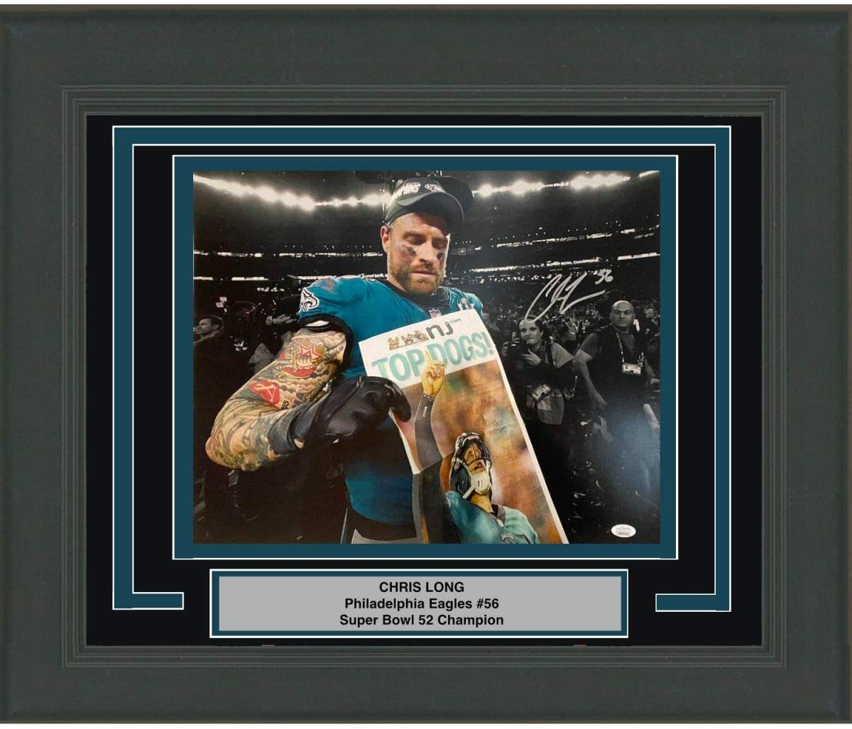 Framed Autographed/Signed Chris Long Philadelphia Eagles Super Bowl LII 52 Champions 16x20 Football Photo JSA COA