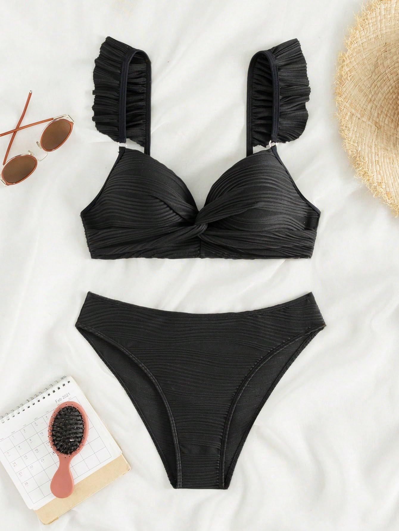 MakeMeChic Women's 2 Piece Bikini Set Ruffle Trim Push Up High Cut Bathing Suit Swimsuit Black S