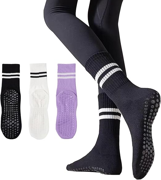 Womens Pilates Socks Non Slip Yoga Socks Non Slip Long Socks for Pure Barre, Ballet, Dance Workout 3 Pack