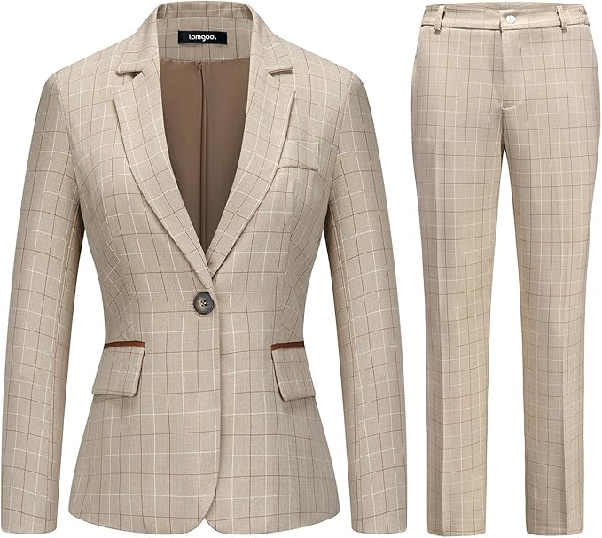 Lamgool Women's 2 Piece Plaid Suit Lady's Business One Button Lined Blazer Jacket Pant Set