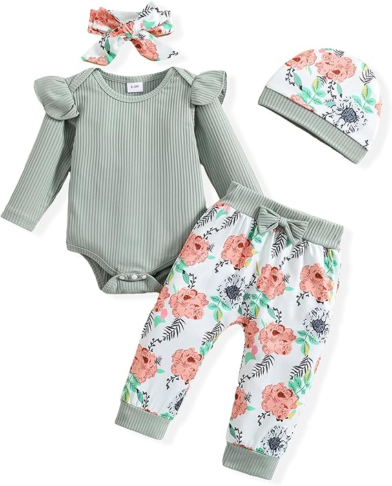 Baby Girl Clothes Infant Girl Newborn Outfit Romper Fall Winter Pants Set Cute Hat Headband for Baby Girls