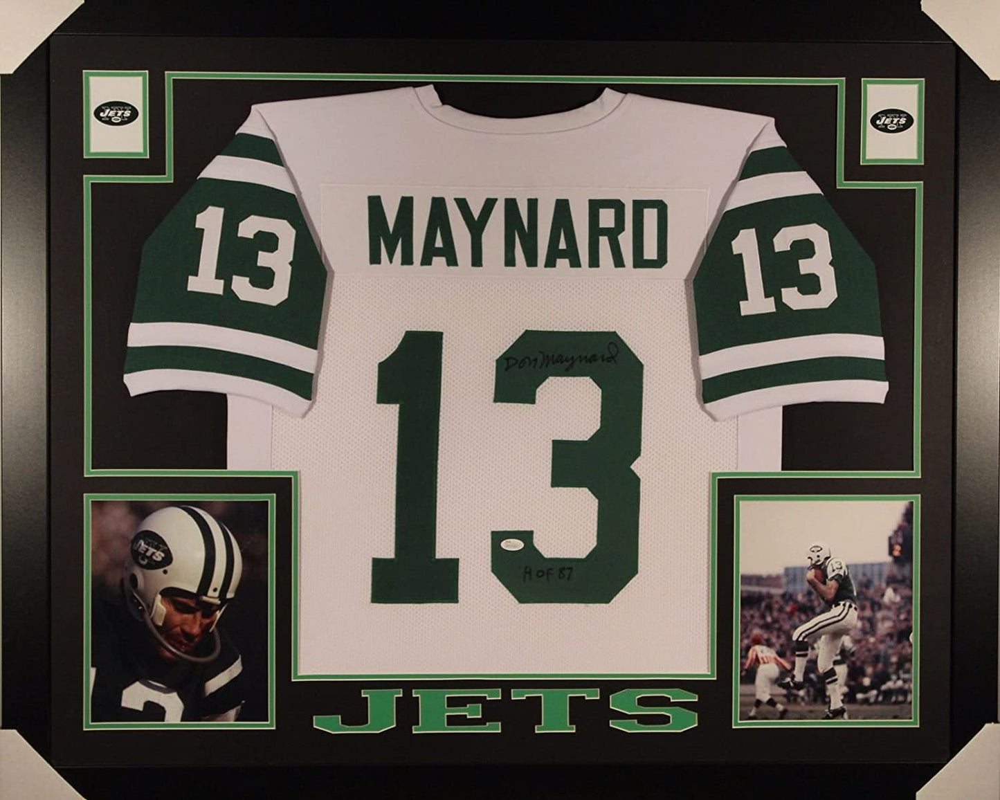 Autographed/Signed Don Maynard HOF 87 Framed 35x43 New York Jets White Football Jersey JSA COA