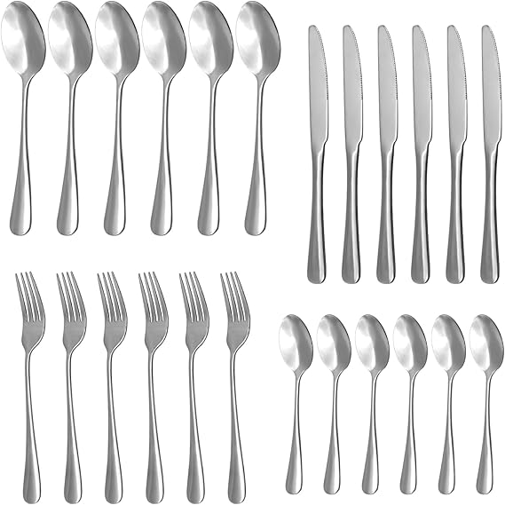 24 pcs Flatware Set, Silverware Set for 6, Knife Fork Spoon, Home Dinnerware Tableware Set for 6, Cutlery Set, Include Knives/Forks/Spoons (Silver/New)