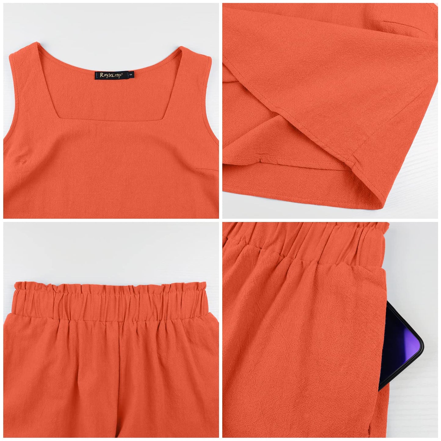 ROYLAMP Women's Summer 2 Piece Outfits Sleeveless Square Neck Crop Tops High Waisted Shorts Set Romper with Pockets Orange L