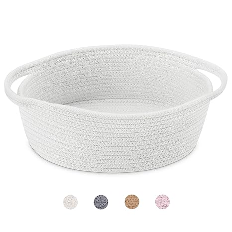 ABenkle Cute Small Woven Basket with Handles, 12"x 8" x 5" Rope Room Shelf Storage Basket Chest Box for Cat and Dog Toys, Empty Decorative Gift - White