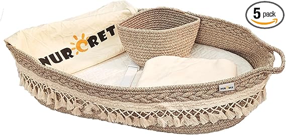 Baby Changing Basket, Portable Changing Table Topper for Dresser, Handmade Cotton Rope Moses Basket and Caddy Organizer, Newborn Nursery Decor, Waterproof Foam Diaper Pad Cover, Brown