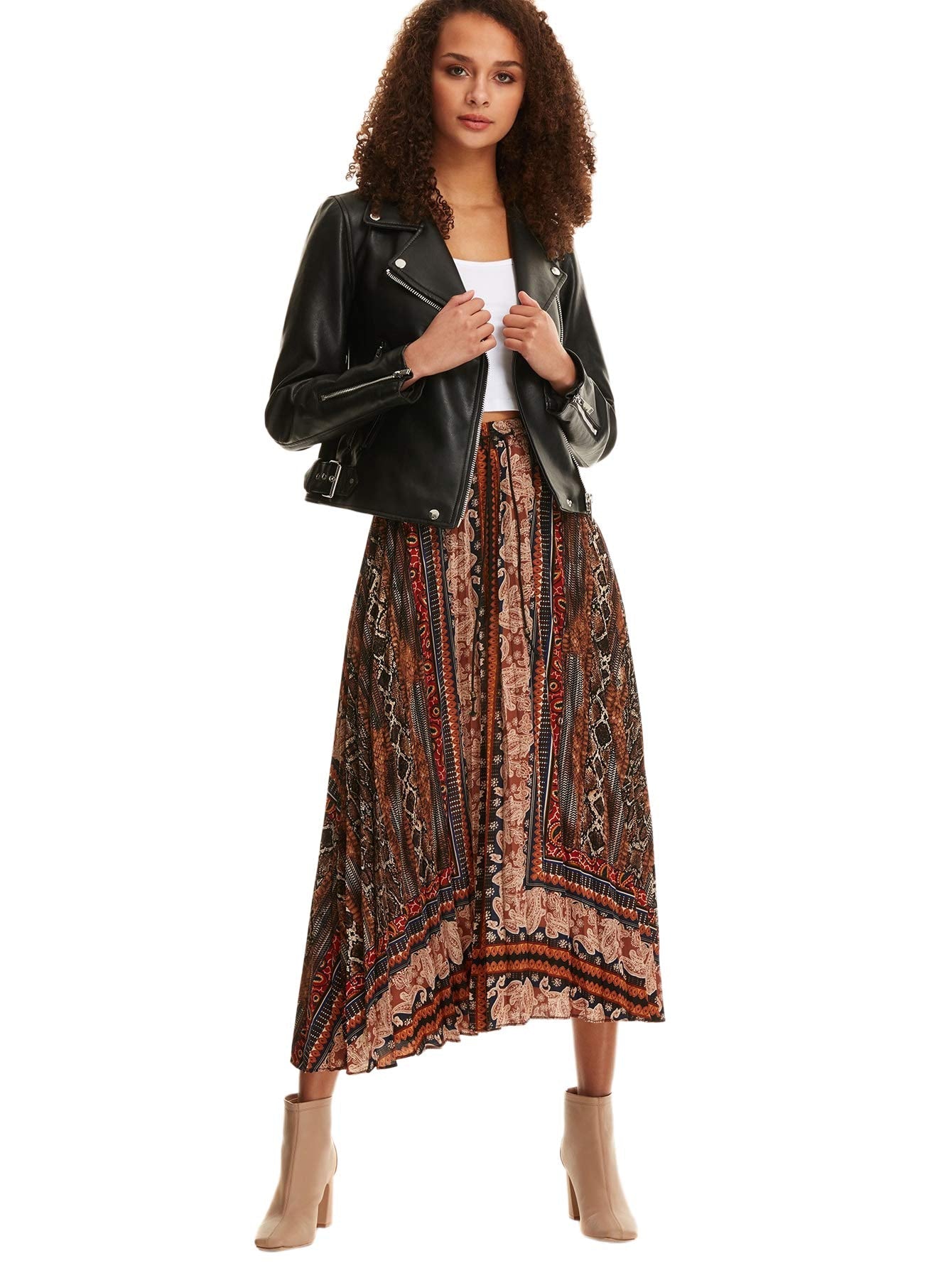 Floerns Women's Boho Elastic Waist Scarf Print Pleated Midi Skirt Multi Scarf S