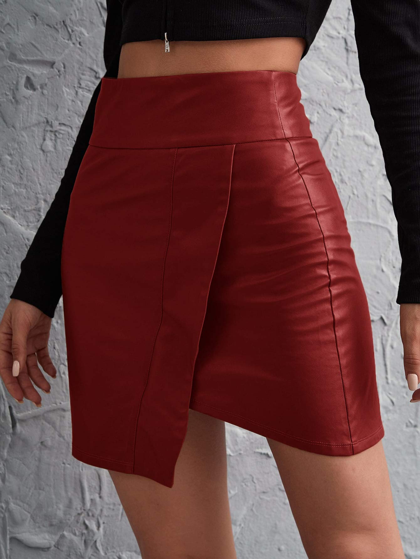 Floerns Women's Solid High Waist Asymmetrical Hem Bodycon PU Leather Skirt Burgundy XL