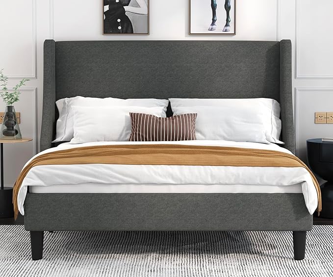 Allewie Queen Bed Frame, Platform Bed Frame Queen Size with Upholstered Headboard, Modern Deluxe Wingback, Wood Slat Support, Mattress Foundation, Light Grey