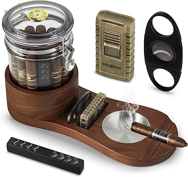 Cigar Humidor, Solid Wood Cigar Ashtray & Acrylic Cigar Jar Kit with Cigar Lighter(Butane Not Included), Cigar Cutter, Humidifier and Dropper, Cigar Accessories for Men, Holds 18-20 Cigars