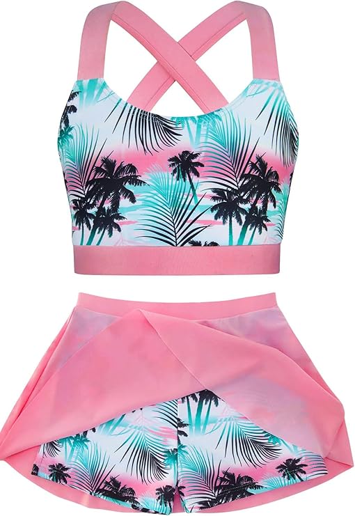 AIDEAONE Girls Swimsuit Two Piece Tankini Skirt Set with Boyshort Summer Beach Bathing Suit Size 6-13