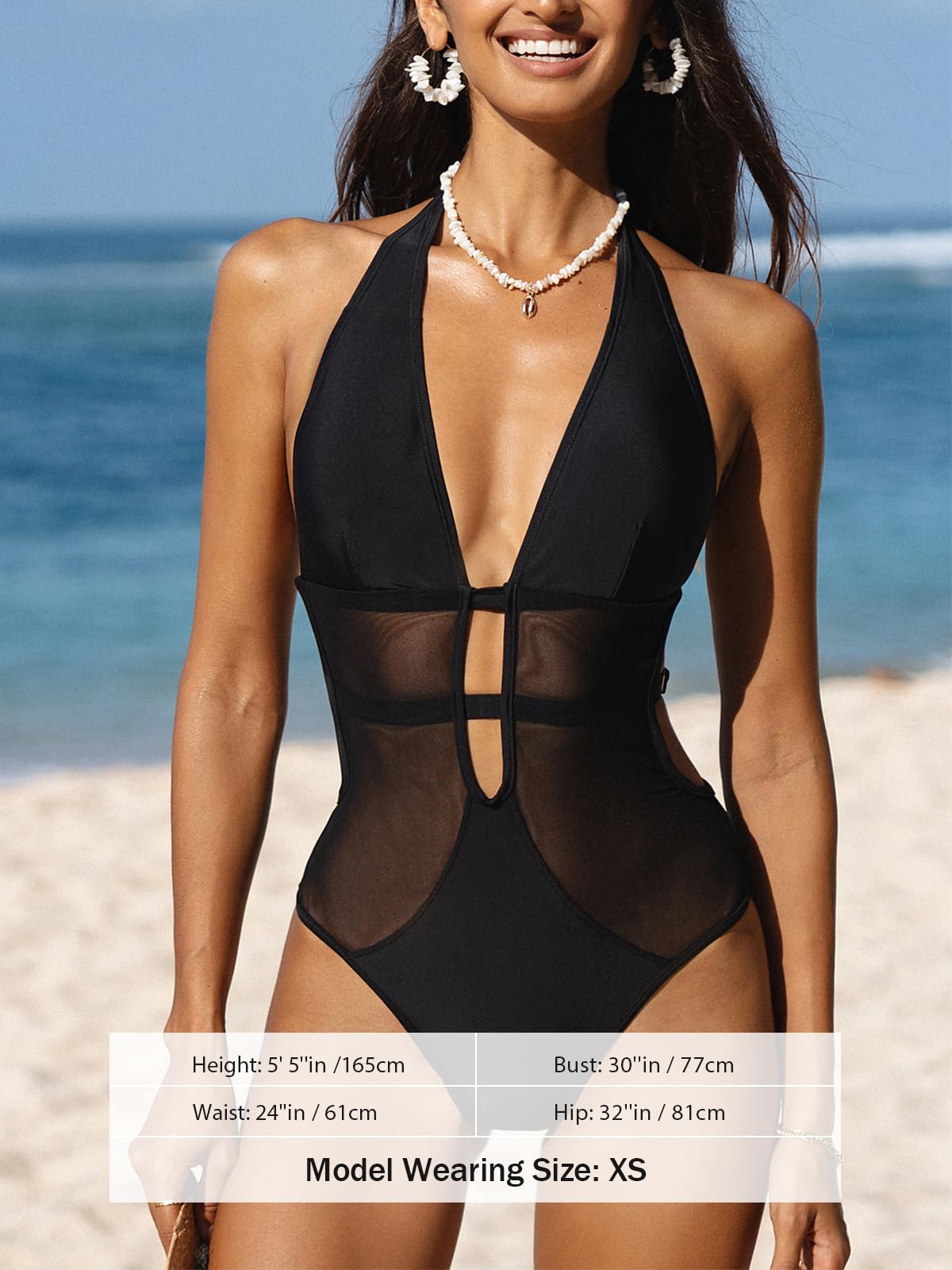 CUPSHE Women's One Piece Swimsuit Bathing Suit Deep V Neck Halter Back Tie Mesh Swimwear M Black