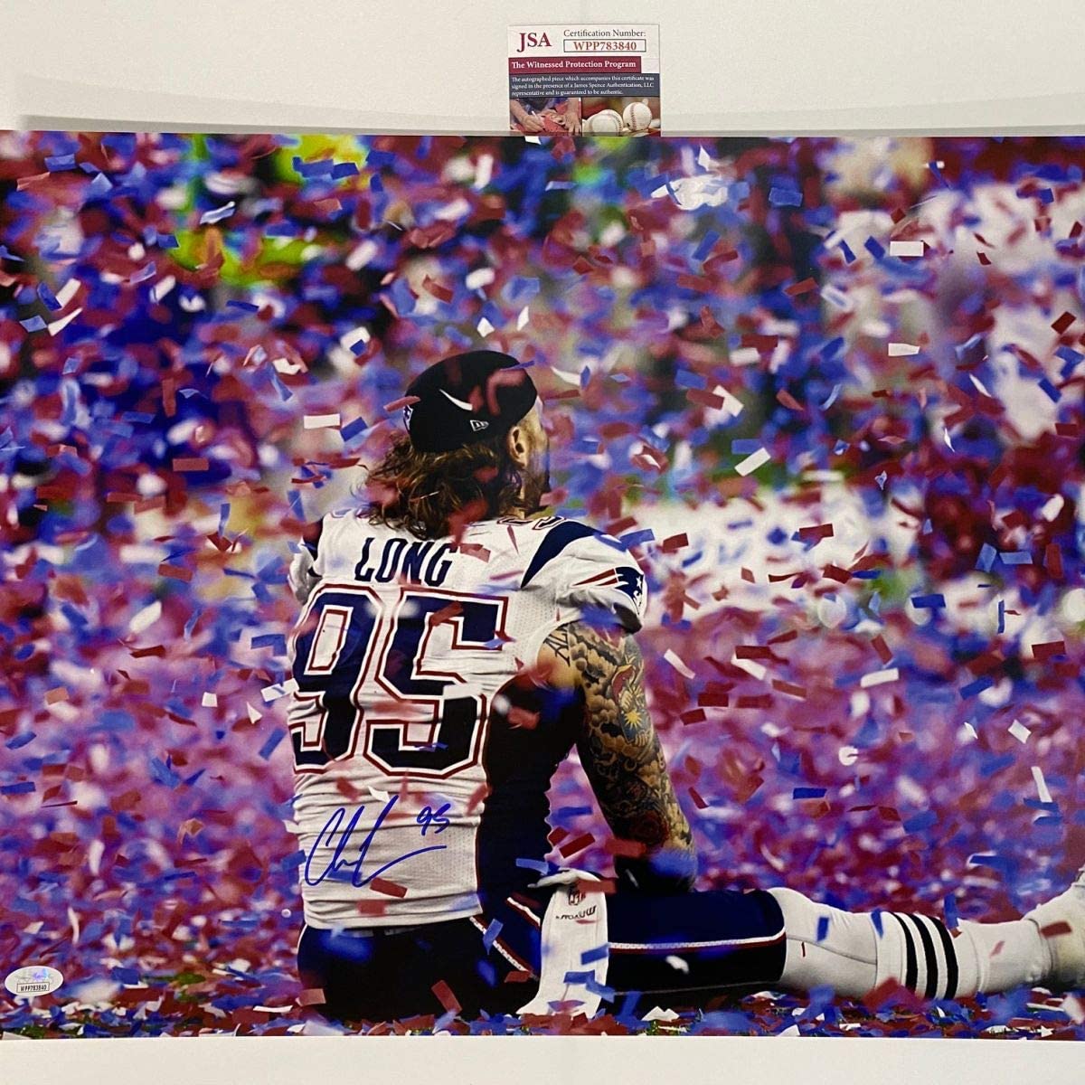 Autographed/Signed Chris Long New England Patriots Super Bowl LI 51 Champions 16x20 Football Photo JSA COA