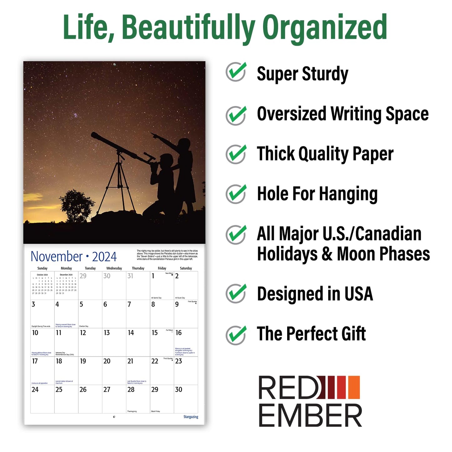 RED EMBER Stargazing Tips Night Sky 2024 Monthly Wall Calendar | 12" x 24"