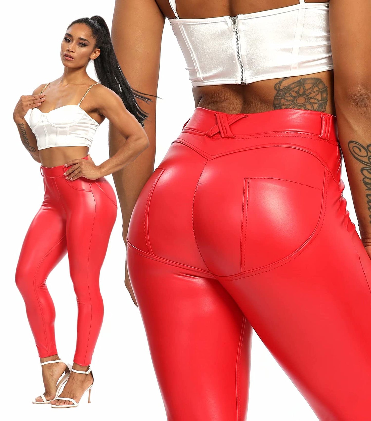 FITTOO Red Leather Pants for Women Sexy Black Widow Costume Bodysuit for Women Red Medium