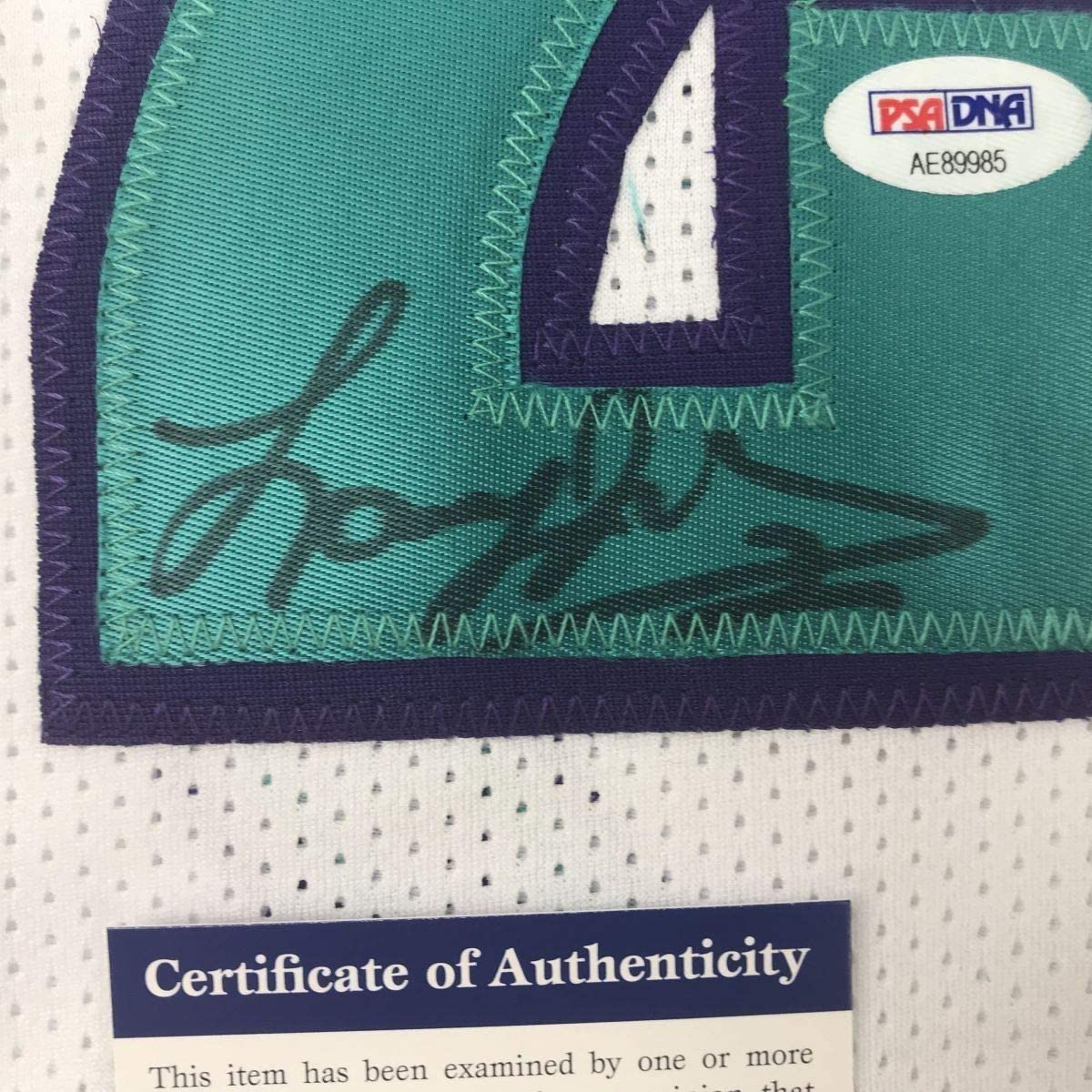 Framed Autographed/Signed Larry Johnson 35x39 Charlotte White Basketball Jersey PSA/DNA COA