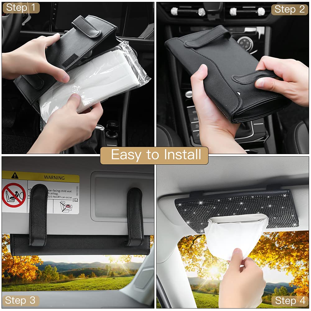 Car Tissue Holder, Sun Visor Napkin Holder Tissue Refill 1 Pcs Black Rhinestone