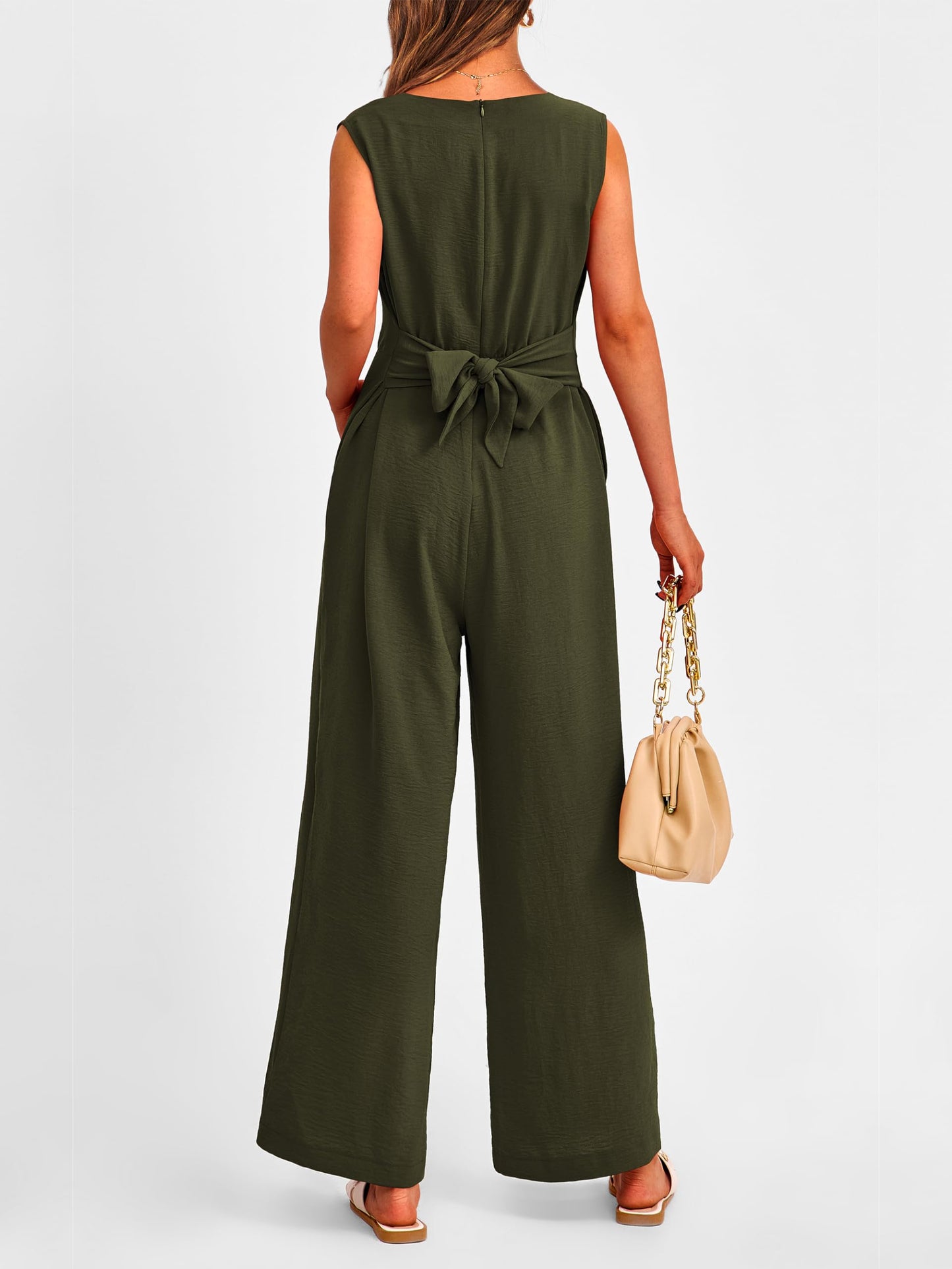 PRETTYGARDEN Summer Outfits 2024 Wide Leg Jumpsuits for Women Casual V Neck Sleeveless Belted High Waist Long Pants Rompers(Army Green,Small)