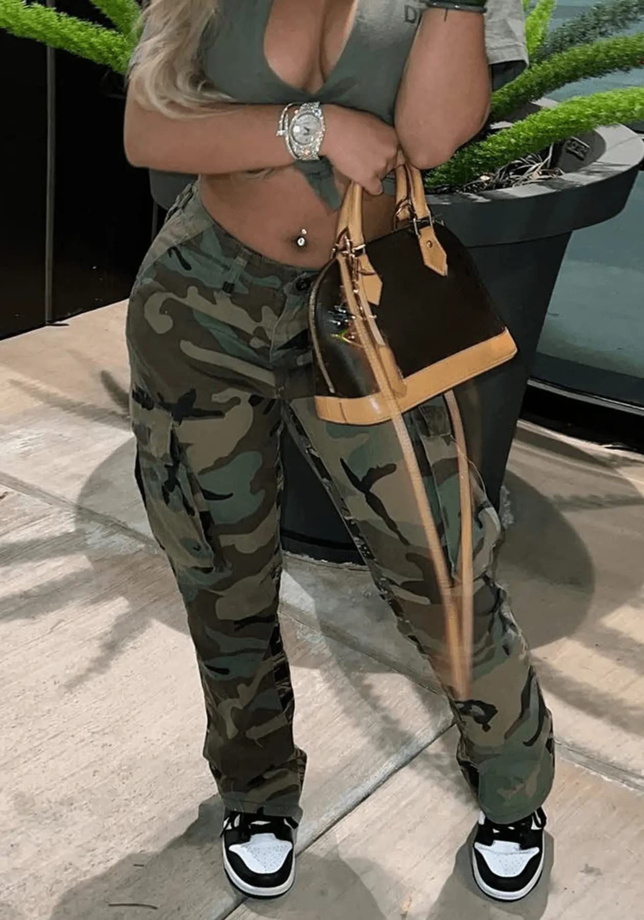 Women's Camo Cargo Pants High Waist Camouflage Casual Long Skinny Joggers with Pockets