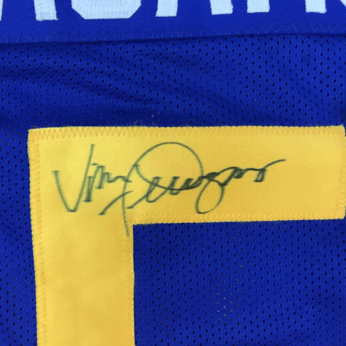 Framed Autographed/Signed Vince Ferragamo 35x39 Los Angeles LA Rams Blue Football Jersey JSA COA