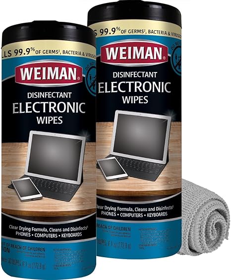 Weiman Electronic & Screen Disinfecting Wipes - Safely Clean and Disinfect Your Phone, Laptop Keyboard, Tablets, Lens Wipes - 30 Count | 2 Pack with MicroFiber Towel Included