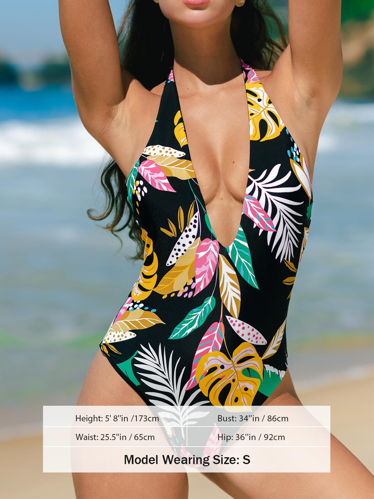 CUPSHE Women's One Piece Swimsuit Reversible Bathing Suit Halter Deep V Neck Swimwear M Black/Floral