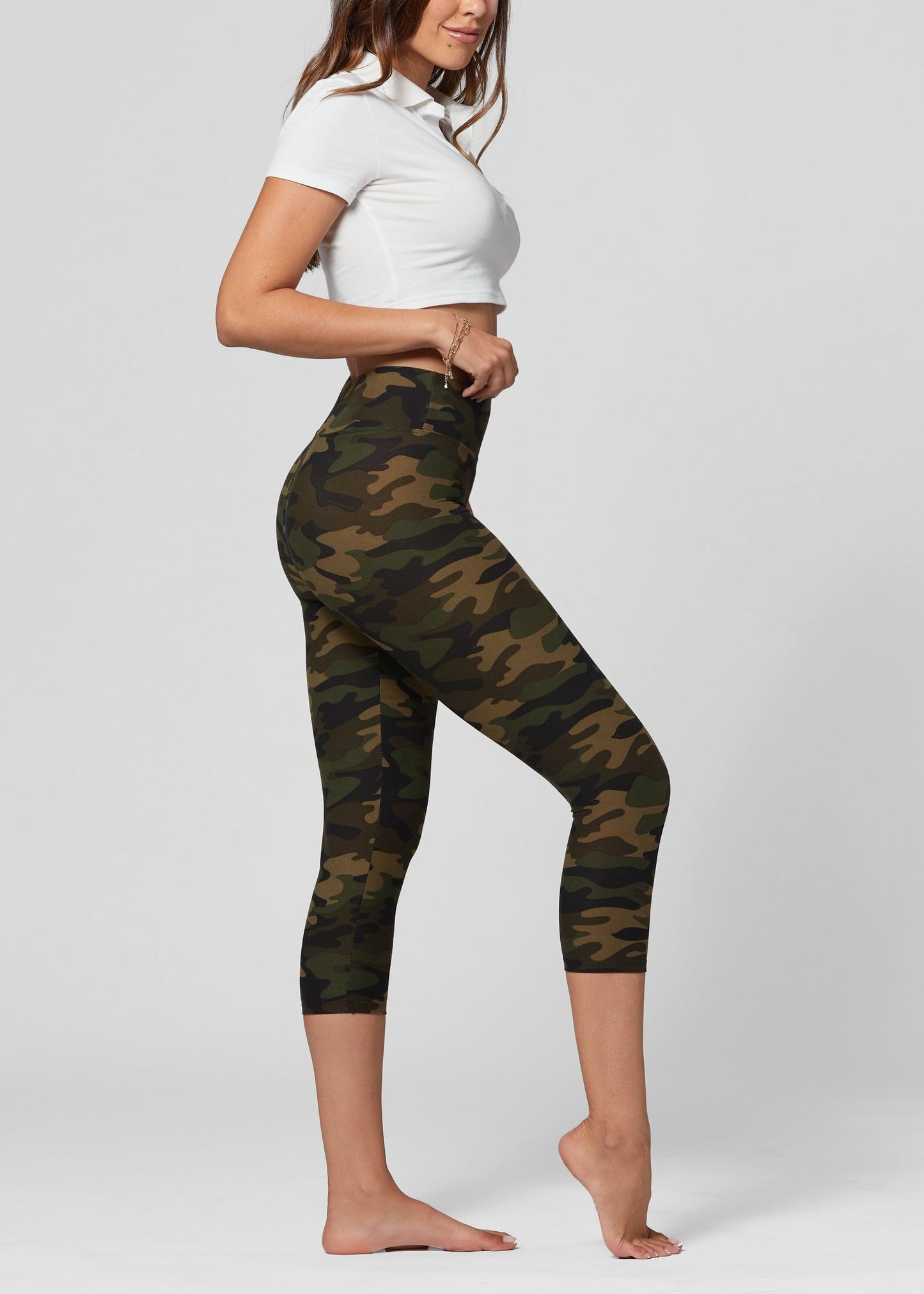 Conceited Camo Print Premium Ultra Soft High Waisted Capri Leggings for Women - 3" Wide Band - One Size - PL3-Capri-F-120-SM