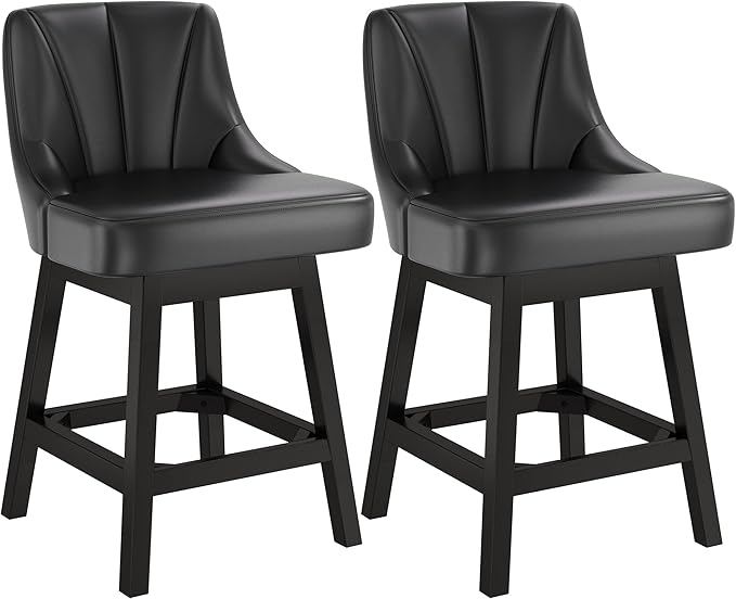 2025 Upgraded Swivel Bar Stools with Backs, 26" Counter Height Bar Stools Set of 2, Modern Leather Upholstered Counter Barstools with Solid Wood Legs for Kitchen Island, Dining Room, Black