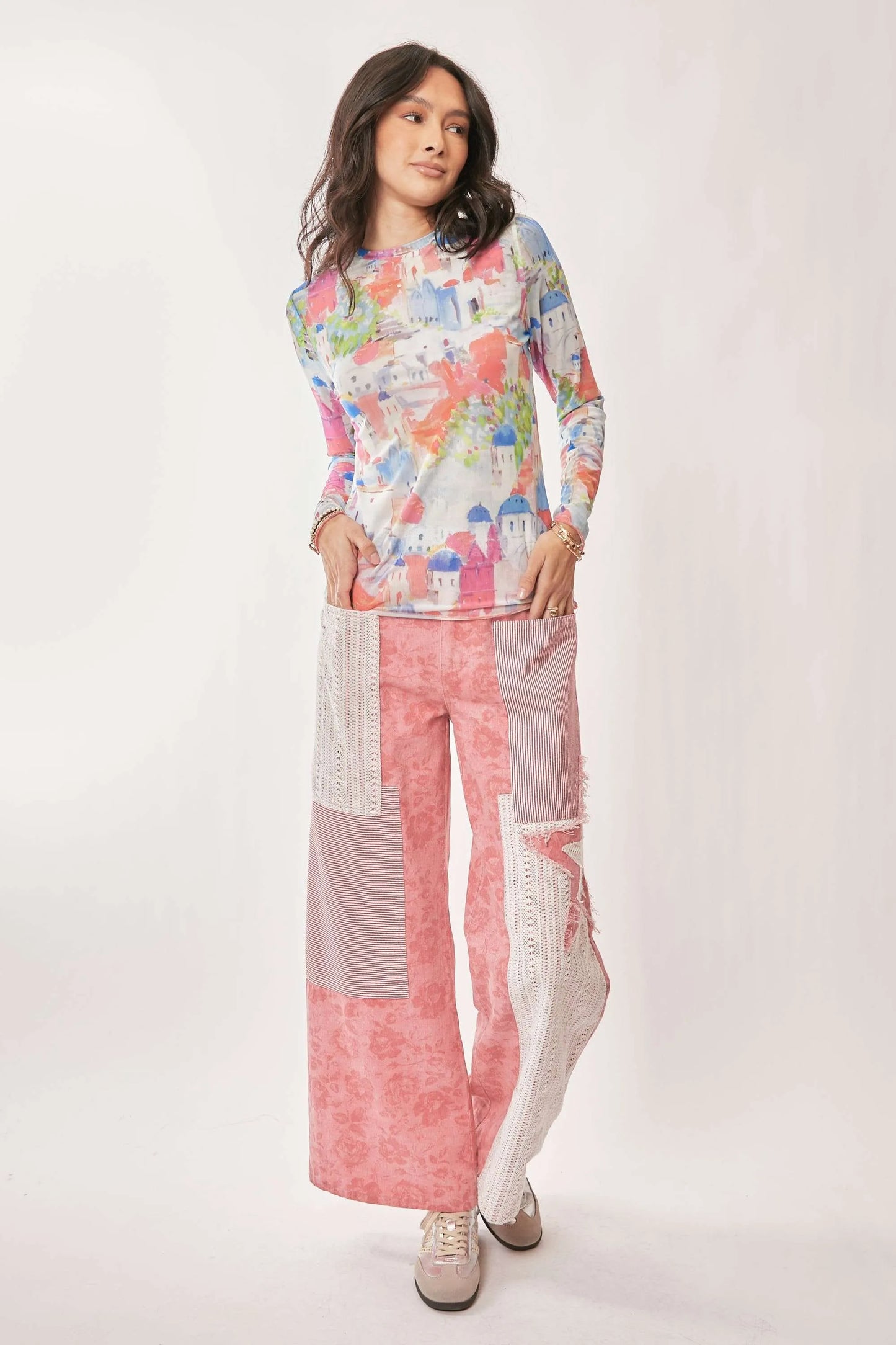 Davi & Dani Multi Printed Mesh Round Neck Long Sleeve Top