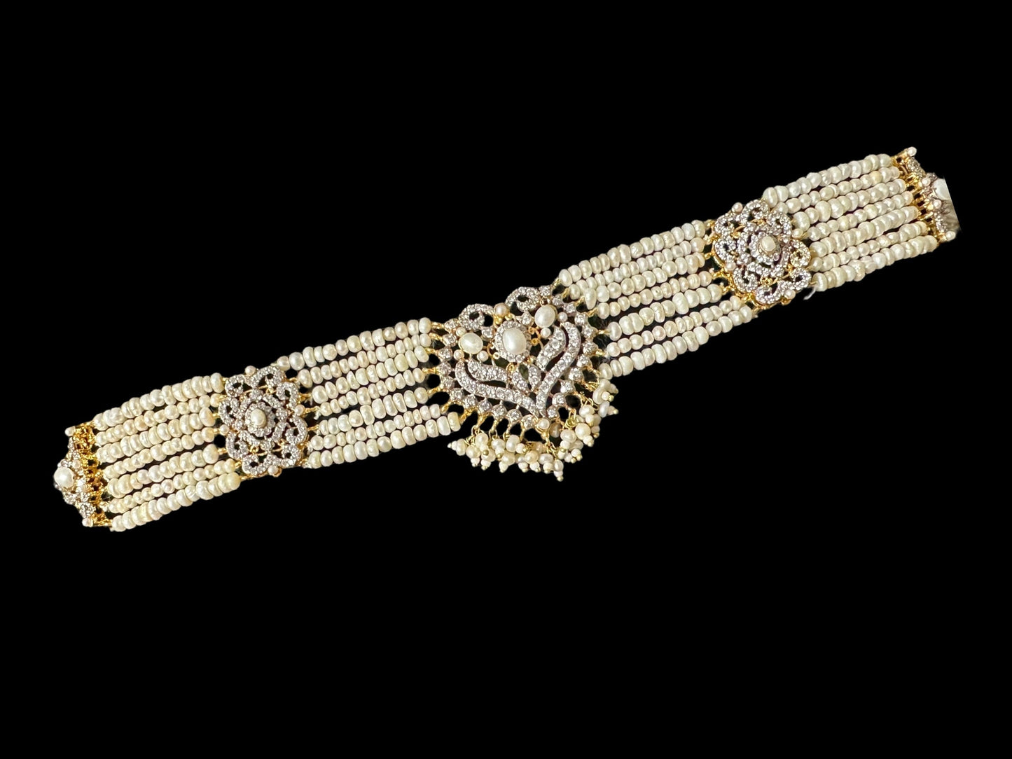 BR464 RAABYA fresh water pearl bridal choker Rani haar set with earrings tika ( READY TO SHIP )