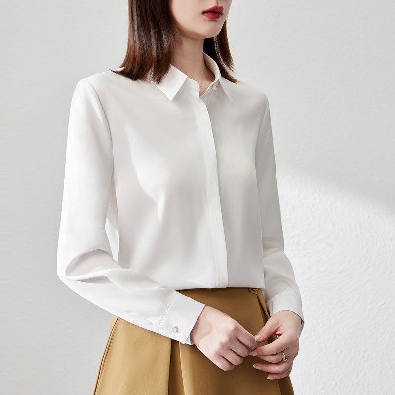 Satin Office Shirt - Long Sleeve Button Front Blouse for Work