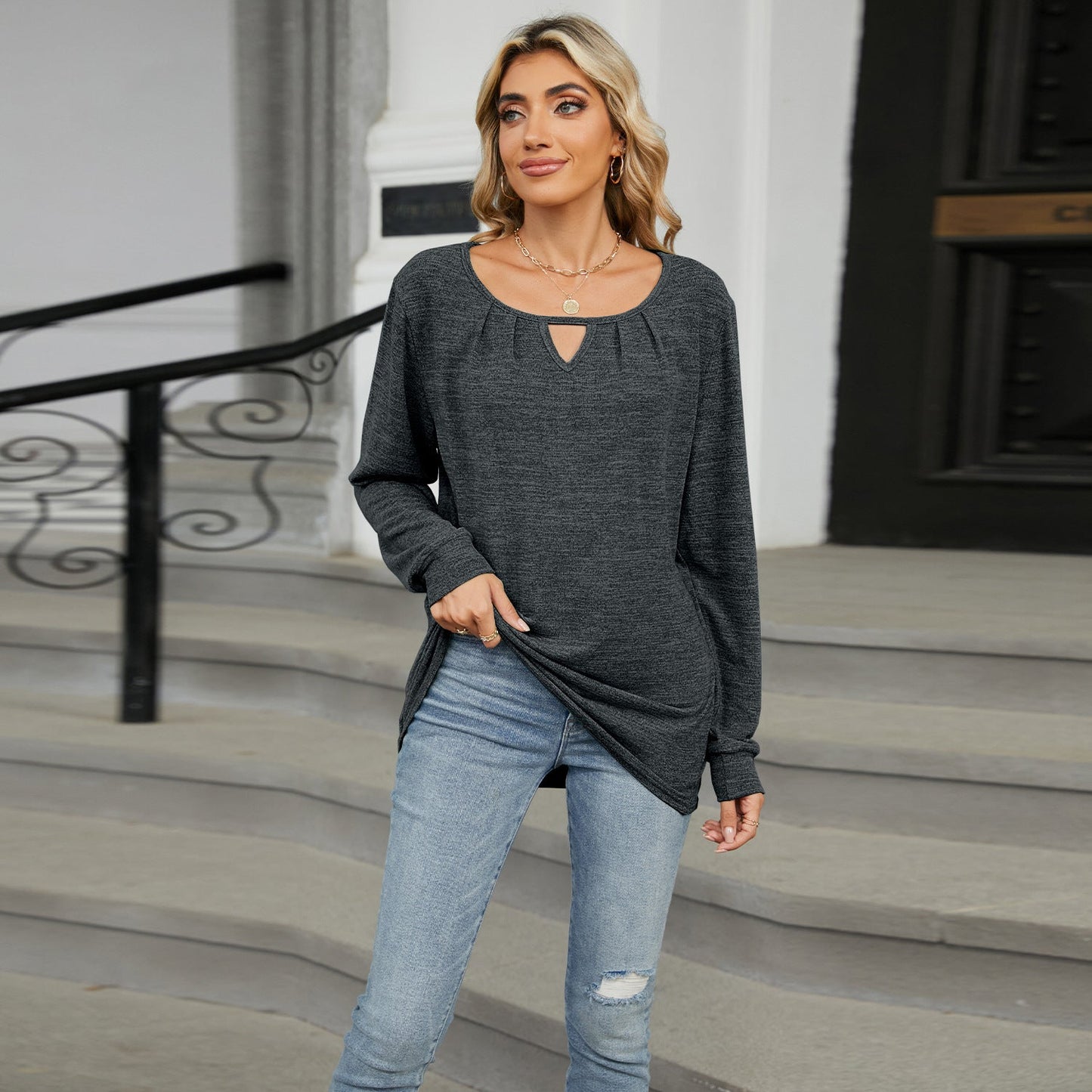 Cotton Cashmere Pullover - Soft Keyhole Neckline Long Sleeve Top