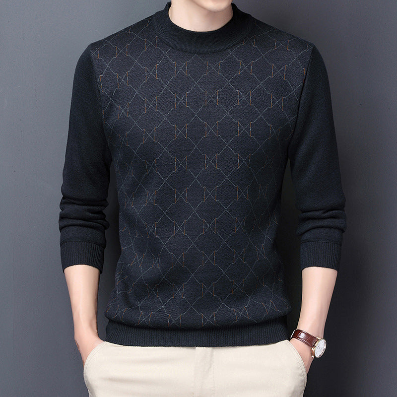Fleece-Lined Black Pullover - Geometric Pattern Long Sleeve