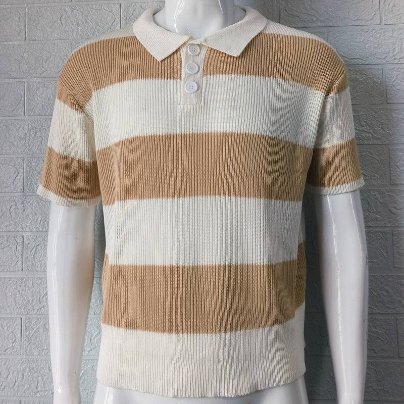 Striped Knit Polo Shirt - Acrylic Lapel Collar Short Sleeve