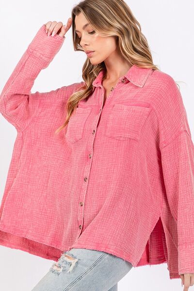 SAGE FIG Frayed Hem Side Slit Button Down Shirt
