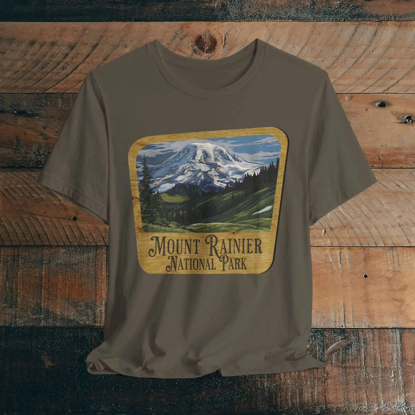 Mount Rainier National Park Unisex Fit Short Sleeve T-Shirt Wood Sign