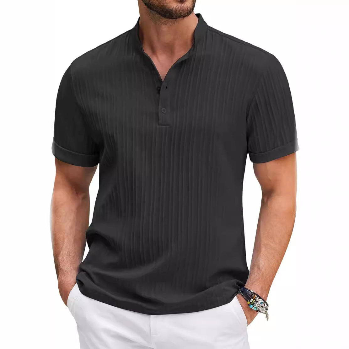 Lightweight Stripe Stand Collar Polo Shirt - Acetate Polyester