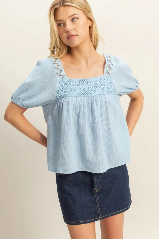 HYFVE Crochet Detail Puff Sleeve Peasant Top