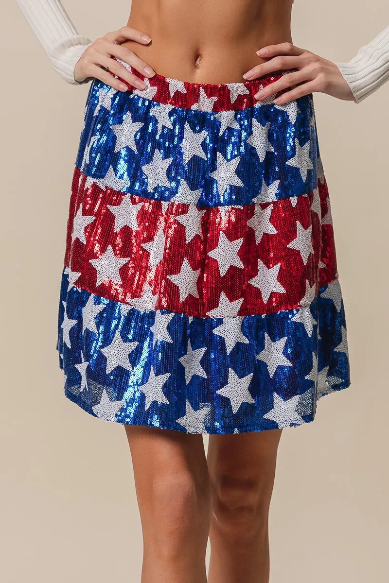 BiBi American Flag Theme Star Sequin Tiered Skirt