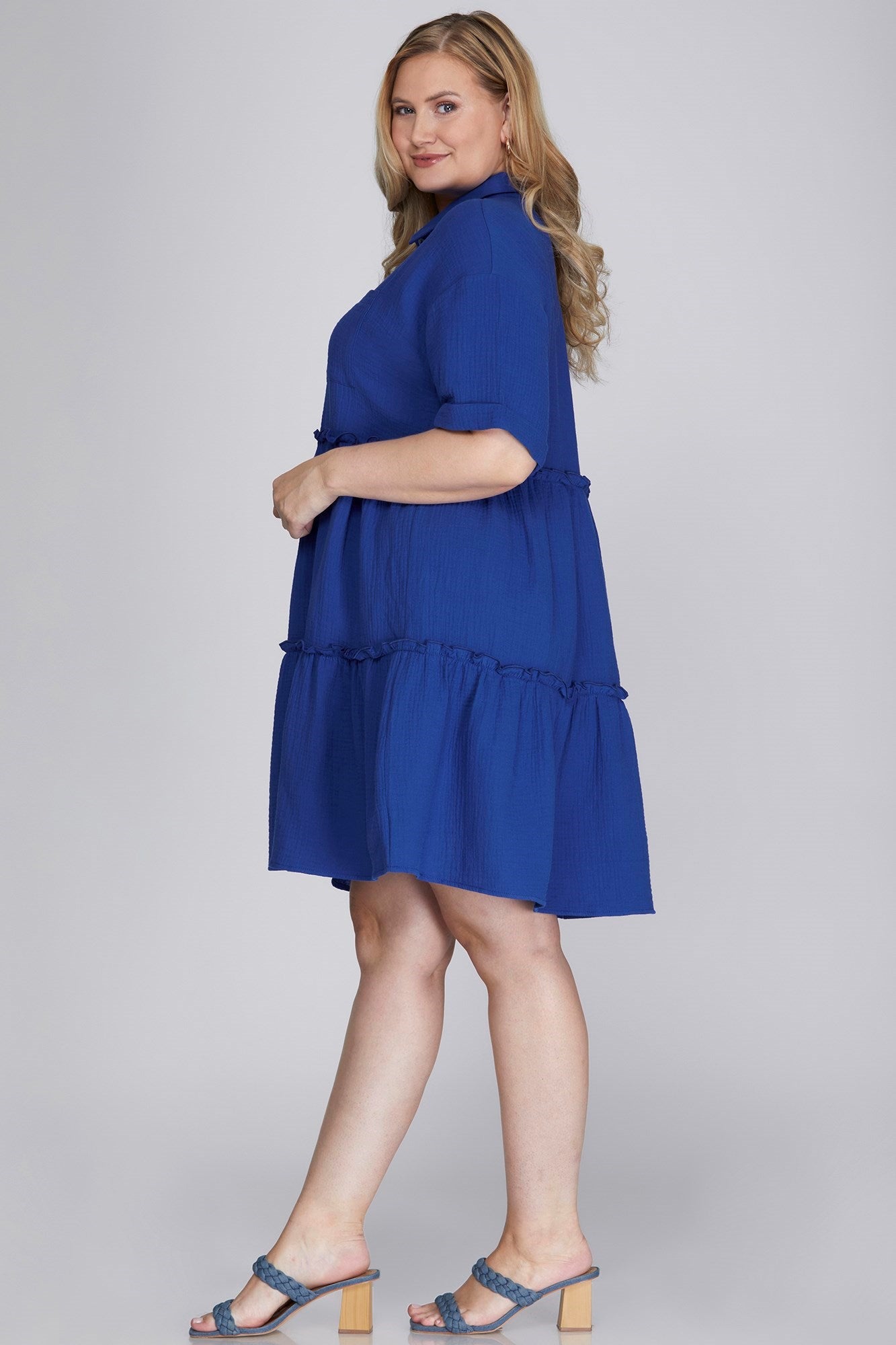 She Sky Full Size Button Front Frill Tiered Mini Dress Plus Size