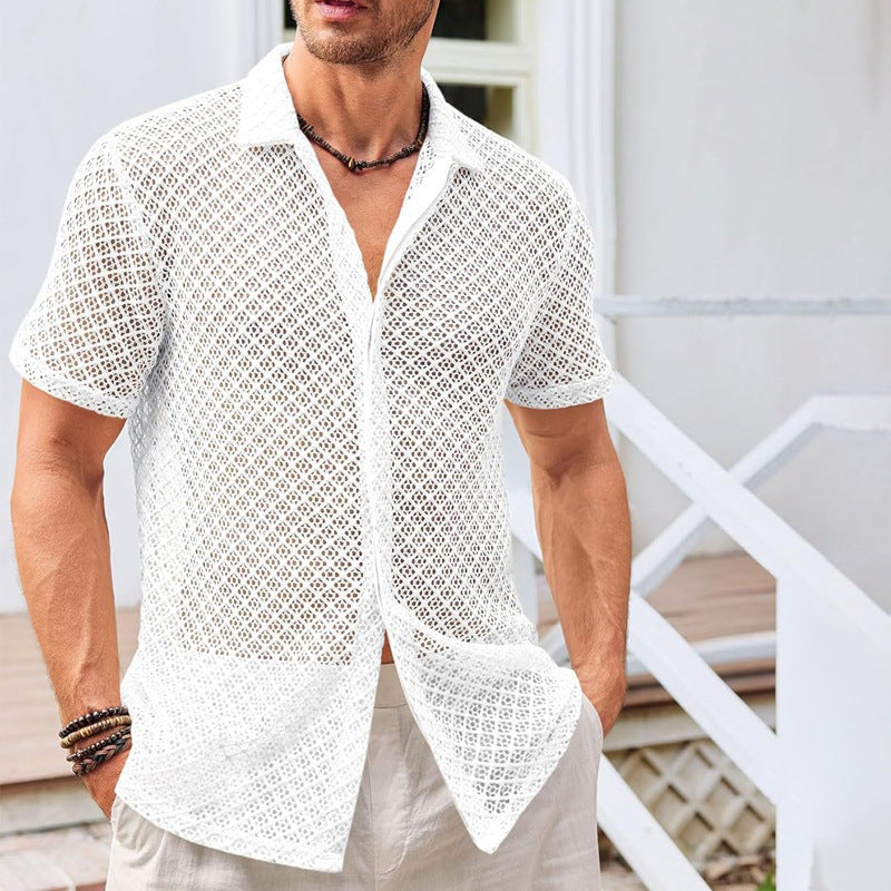 Lightweight Mesh Lapel Shirt - Cotton Blend Short Sleeve Summer Top